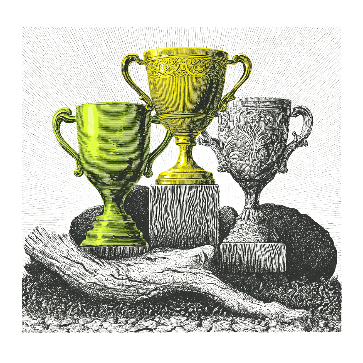 Three engraved award trophies, the tallest one highlighted in neon lime.