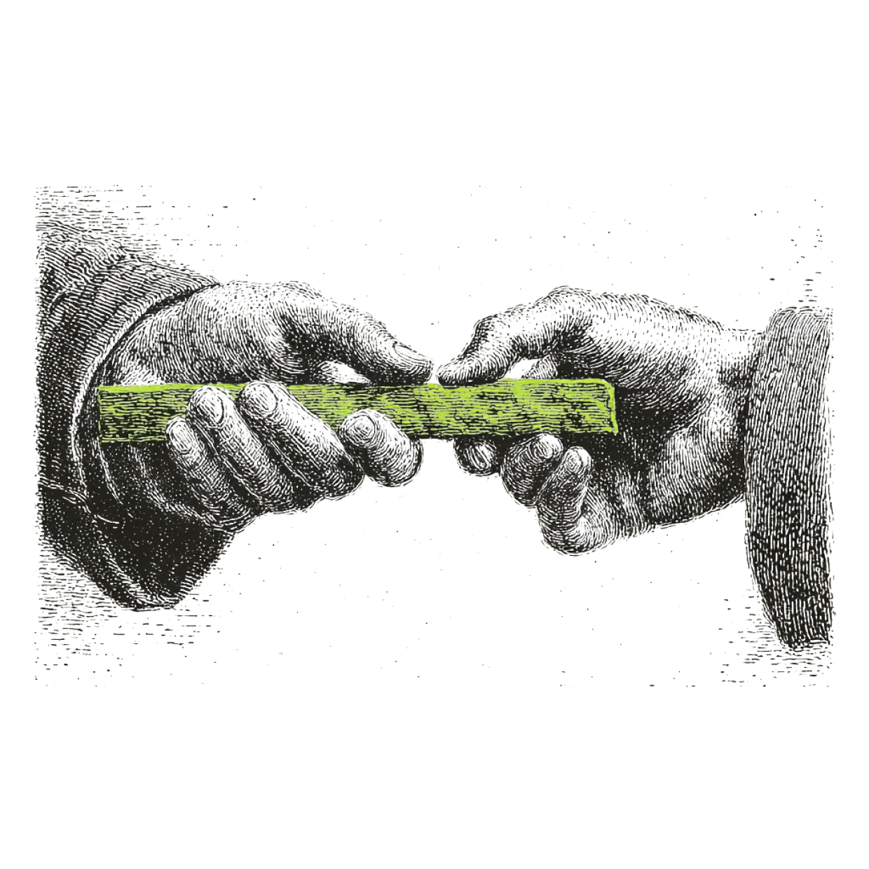 Vintage engraving of two hands passing a neon-green relay baton.
