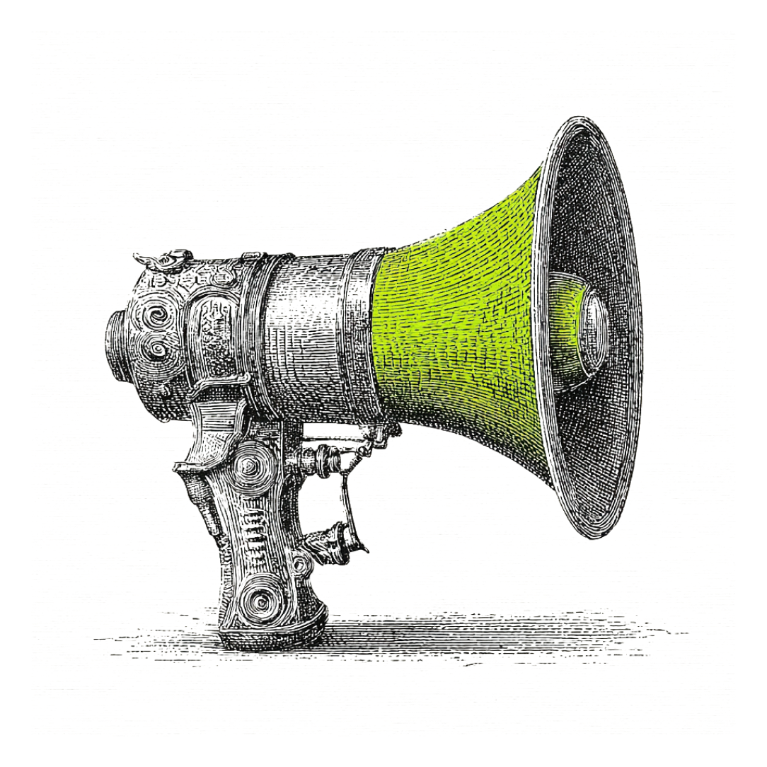 Vintage engraving of a megaphone with a neon-green horn.