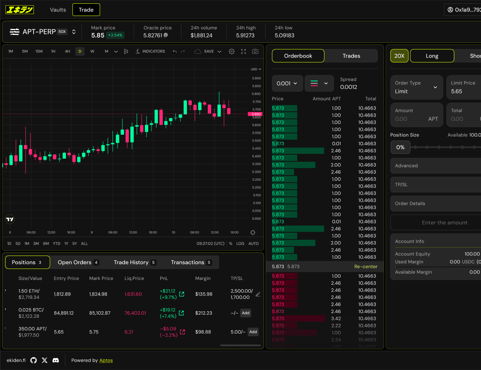 Ekiden perpetuals trading terminal on the APT-PERP market: candlestick chart, order book and open positions.